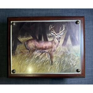 Wooden Box With Foil Print‎ of a Buck Deer on Lid | Vintage - Great For Dad